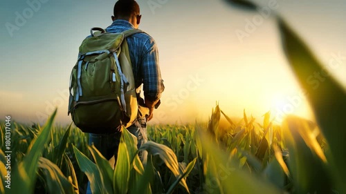 Sunset view in a cornfield with a person standing and enjoying the landscape after a day of exploration