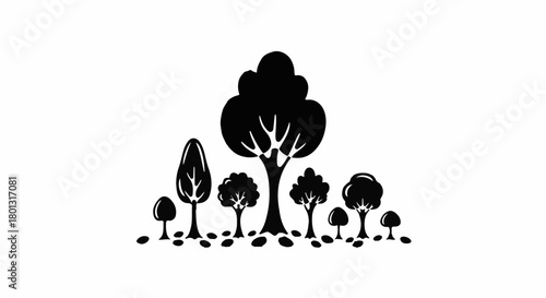 A diverse collection of stylized trees stands tall against a white background, with fallen leaves scattered at their bases.