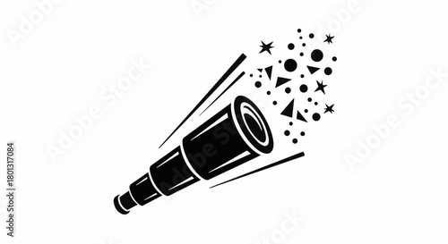 Telescope reveals a burst of bright stars and geometric shapes, symbolizing discovery and imagination.