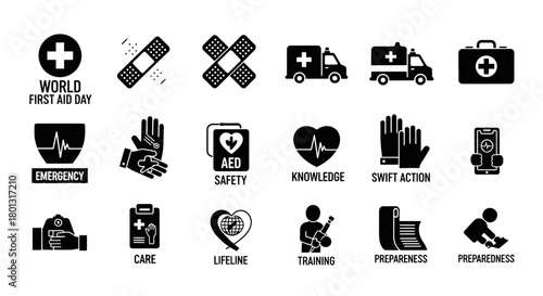 World First Aid Day Emergency Preparedness and Safety Icons.svg