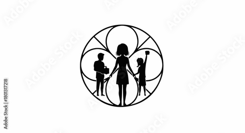 Diverse family silhouette within a circular geometric pattern, symbolizing unity and connection.