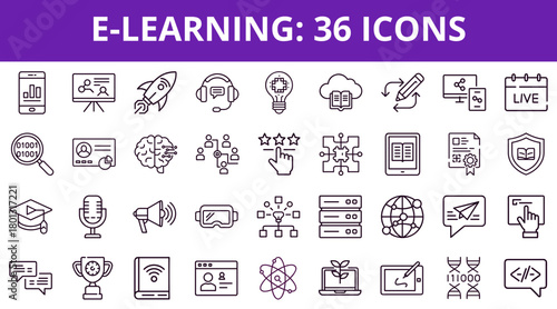 E-learning concept illustrated with 36 diverse educational icons  