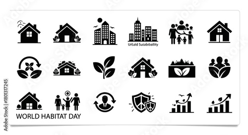 World Habitat Day Icons Set Urban Sustainability Family Housing Environment Peace Growth.svg