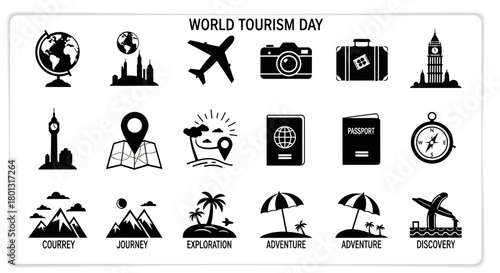 World Tourism Day Travel Icons Set Adventure Exploration Journey.svg