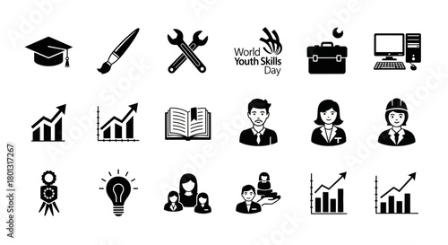 World Youth Skills Day Icons Set Featuring Education, Career, and Professional Development Symbols.svg