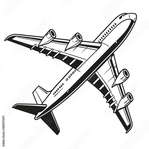 Airplane flies with multiple engines in black and white outline drawing for travel concepts