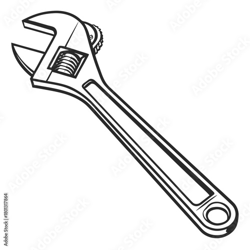Monochrome adjustable wrench tool presents a robust outline against the stark white backdrop