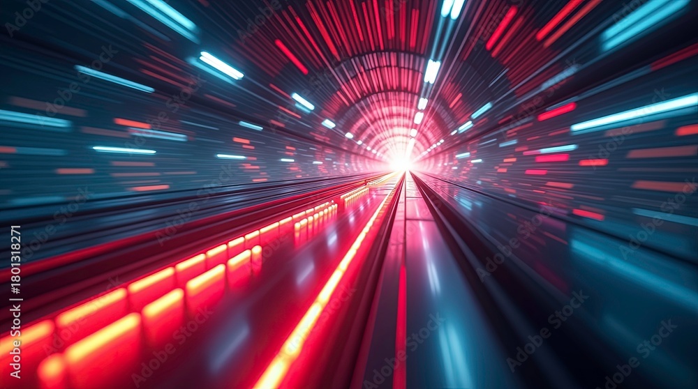 Fototapeta premium A glowing red arrow moving upward through a futuristic digital tunnel with dynamic motion blur light