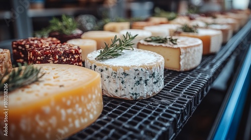 Artisan cheeses beautifully displayed at a farmers market, enticing food lovers with diverse textures and flavors