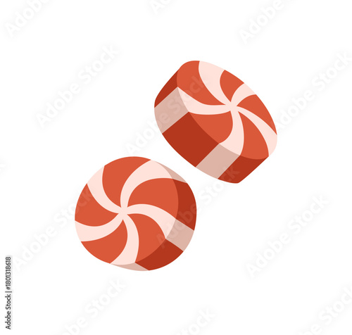 Candies, round peppermint sweets. Hard caramel confectionery, bonbons. Sugar sweetmeat, red swirl pattern. Sugary treat, dessert, confection. Flat vector illustration isolated on white background