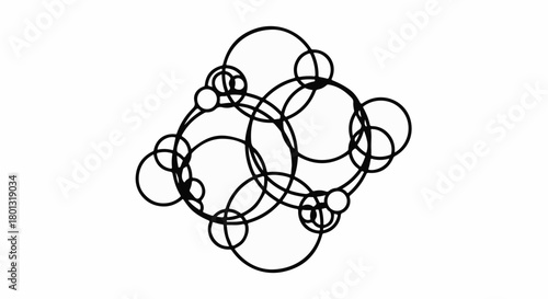 Abstract arrangement of interconnected circles and spheres creating a unique geometric pattern.