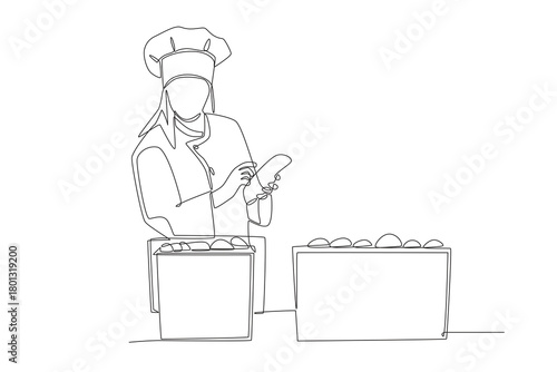 Chef takes stock of food ingredients in the food warehouse. Food warehouses concept one-line drawing