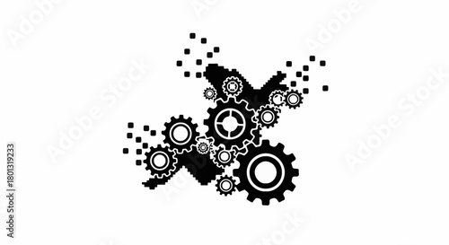 Abstract design of interlocking gears and fragmented shapes creating a dynamic mechanical flow.