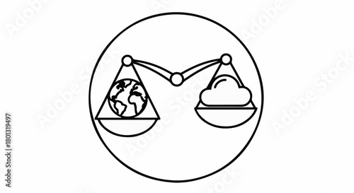 Scales of justice balancing Earth and clouds representing environmental balance and responsibility