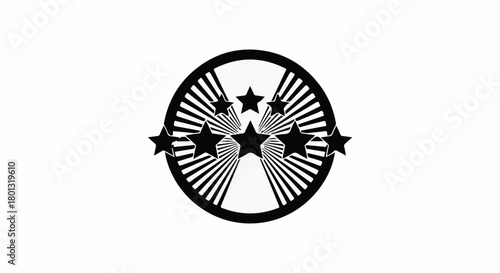 Abstract circular graphic with radiating lines and five prominent stars, symbolizing achievement and excellence.