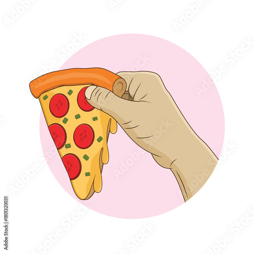 Hand holding a pizza slice. Vector illustration