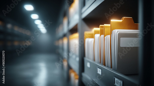Organized archive files and documents on shelf in dark storage room. quiet database for sorting business information and data records