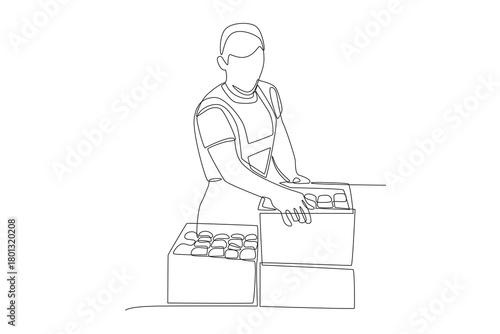 Men add to the stock of food ingredients in the food warehouse. Food warehouses concept one-line drawing