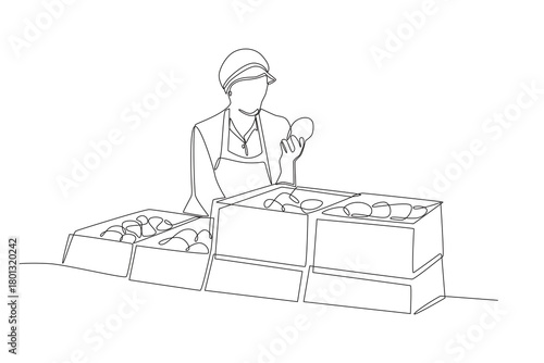 Woman checking food stock in food warehouse. Food warehouses concept one-line drawing
