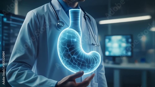 Doctor Holding Holographic Stomach - Medical Innovation and Healthcare.
