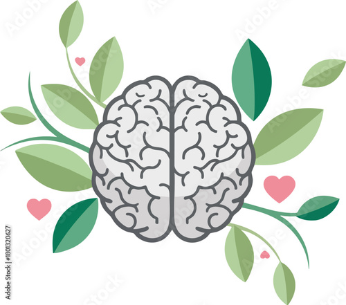 Illustration of a brain surrounded by green leaves and pink hearts symbolizing health and wellness with a flat design style on a clean white background.