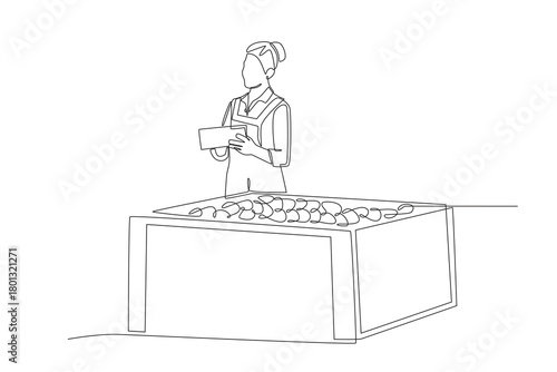 Woman checking food stock in food warehouse. Food warehouses concept one-line drawing