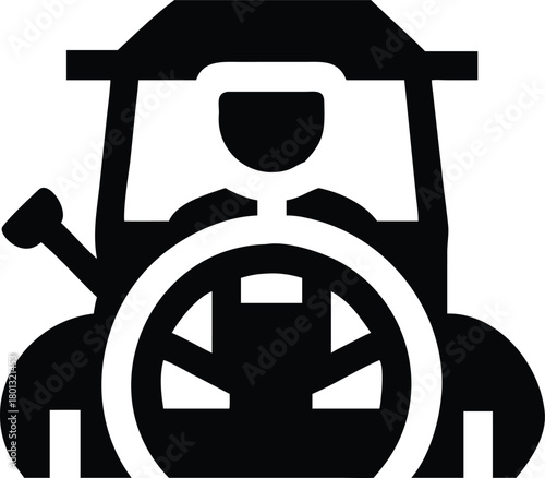 Simple glyph shows a farmer driving his tractor within an enclosed cab structure