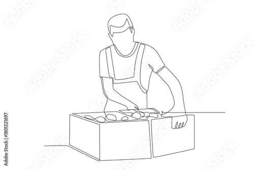 Men add to the stock of food ingredients in the food warehouse. Food warehouses concept one-line drawing