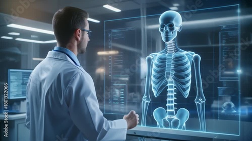 Doctor Examining Holographic Skeleton in Modern Medical Facility.