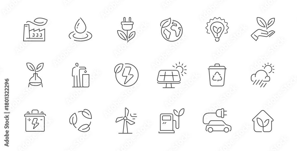 Naklejka premium Eco friendly concept. Ecology and environment line icon set. Green energy, recycling and conservation symbols