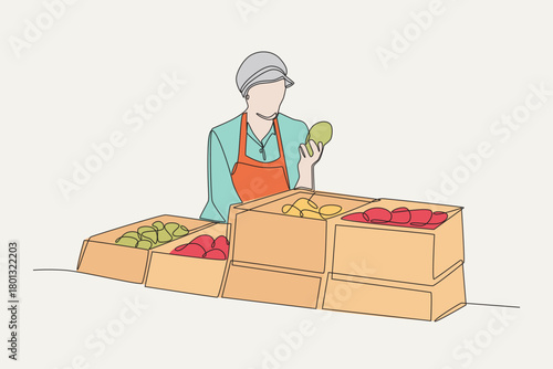 Colored woman checking food stock in food warehouse. Food warehouses concept one-line drawing