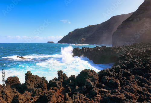 Waves on coast at A Porta do Diabo in Sao Miguel, the Azores - Atlantic ocean landscape with cliff