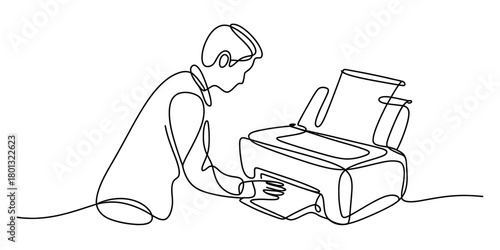 Continuous line drawing of a person printing documents on a home office or professional printer, showcasing everyday office tasks and technology usage.