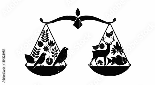 Scales of nature balancing diverse life forms and plants, symbolizing ecological harmony.