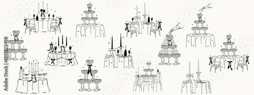 Whimsical dinner table party setting sketch. Wedding dinner coquette elements for greeting card,invitation, template, vector illustration.