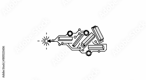 Abstract illustration of interconnected components and energetic flow on a white background.