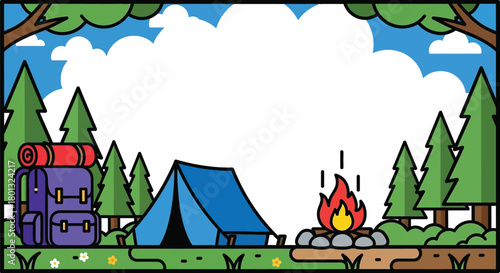 Camping adventure illustration with tent backpack and campfire