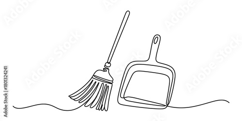 Continuous one line drawing of a broom and dustpan. simple minimalist style illustration of household cleaning tools for hygiene and tidiness.