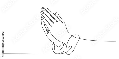 Continuous one line drawing of praying hands, minimalist vector art symbolizing hope, faith, and spiritual devotion, a powerful symbol of belief and peace.