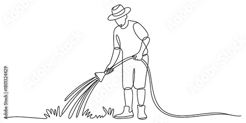 Gardener watering grass with a hose in a continuous line drawing, depicting a simple sketch of plant care and garden maintenance.