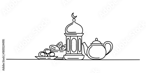 Ramadan or eid mubarak celebration elements line art illustration with traditional lantern, dates, teapot, and sweets on white background