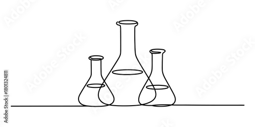 Continuous line art drawing of three laboratory flasks or beakers, representing science, chemistry, and research, on a clean background.