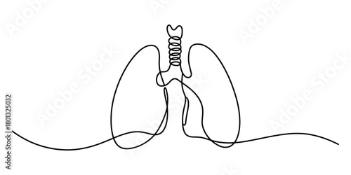 Continuous line drawing of human lungs and trachea, representing respiratory system health, breath, anatomy, and medical concepts