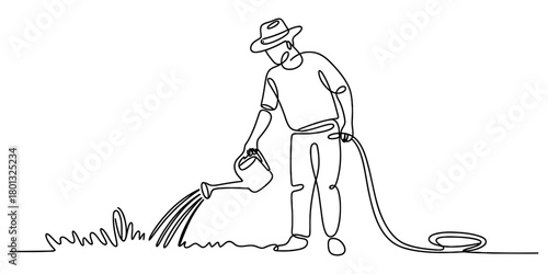 Gardener watering plants with a watering can and a coiled hose, depicted in continuous single line art style, symbolizing nature care and growth.