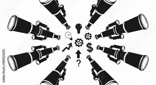 Multiple telescopes focused on a central idea, symbolizing diverse perspectives and innovation.