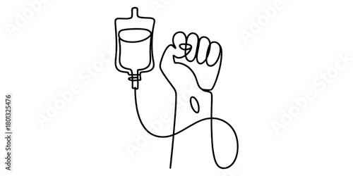 Continuous line art illustration of an intravenous drip connected to a clenched human fist, symbolizing medical strength, recovery, and resistance