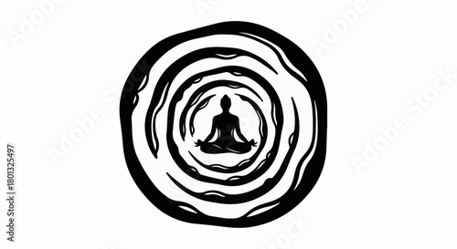 Silhouette meditating figure in swirling circular pattern symbolizing inner peace and focus