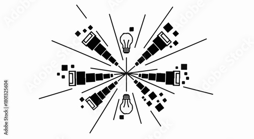 Abstract radial design of telescopes and lightbulbs symbolizing discovery and innovation
