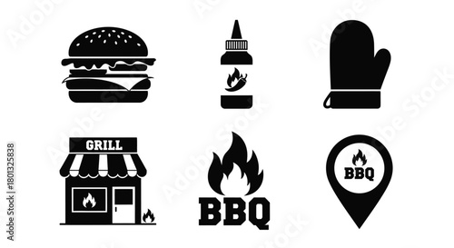 Bbq grill restaurant icons set vector grilling and barbecue design