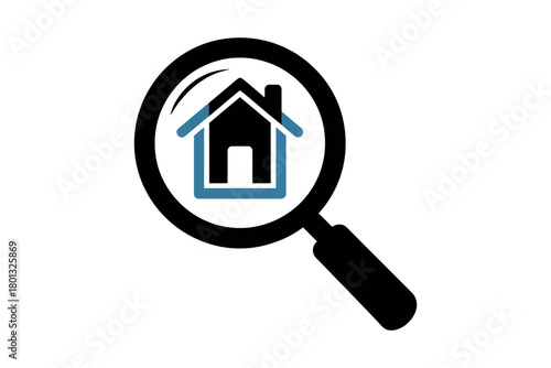 Magnifying glass focusing on a house symbol, representing real estate search and property inspection.